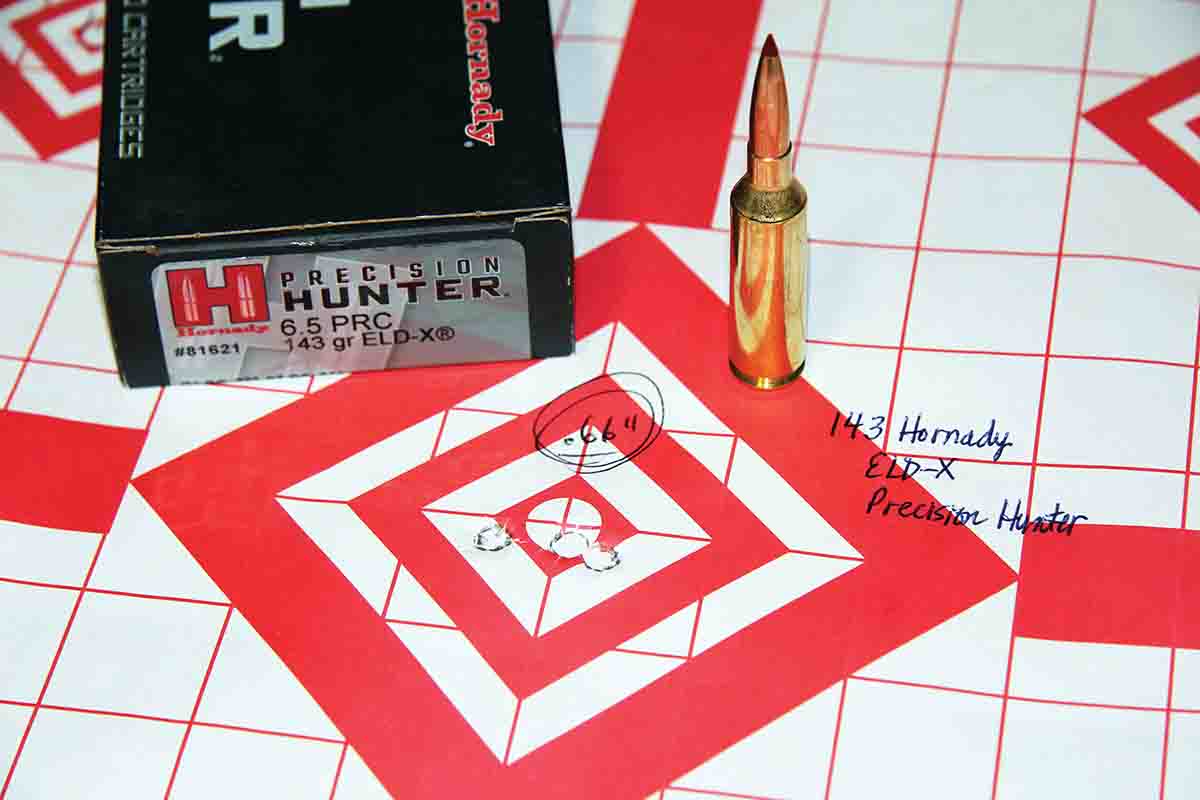 Hornady Precision Hunter factory ammunition loaded with a 143-grain ELD-X bullet resulted in this .66-inch group with an average velocity of 2,937 fps.